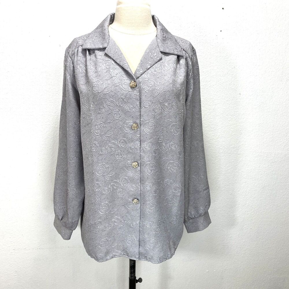 Vintage Silver Rose Jacquard Blouse Size 14 Mark Reed USA Party Glam Evening